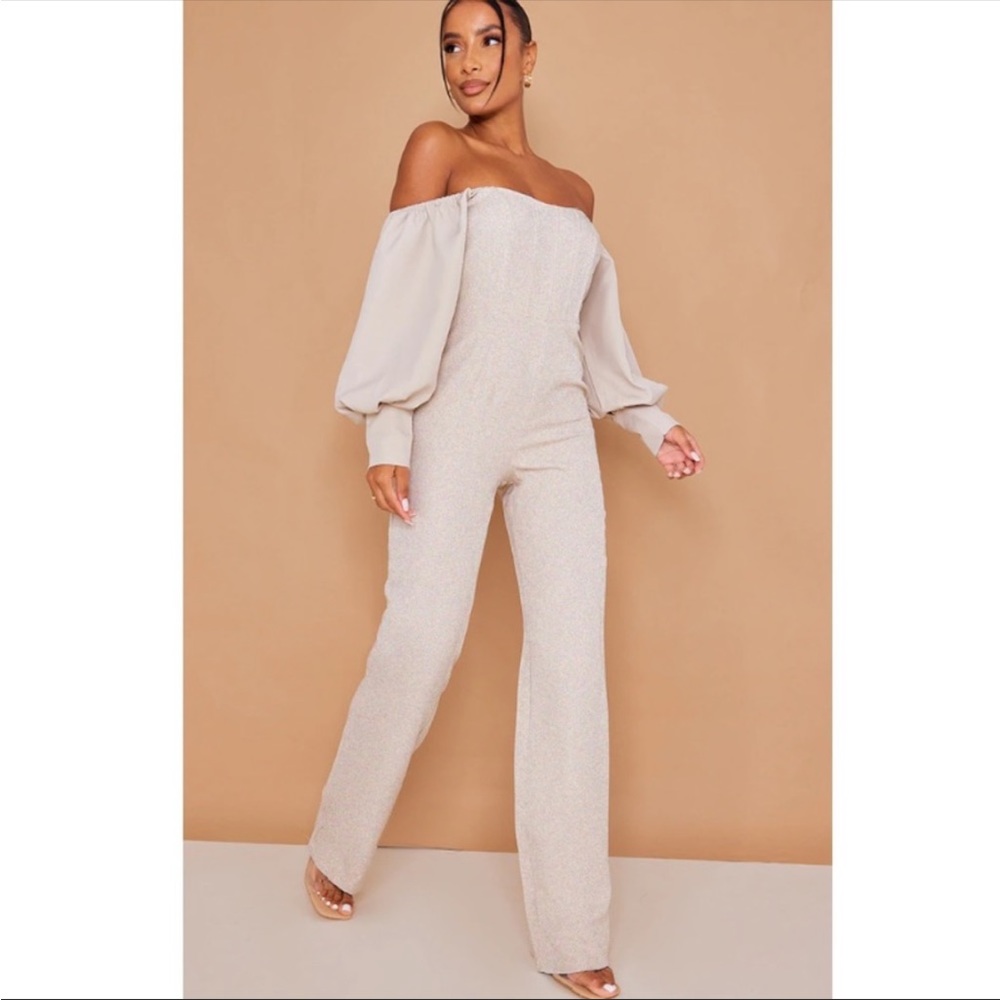 PRETTY LITTLE THING Stone Bardot Corset Chiffon Balloon Sleeve Jumpsuit NWT